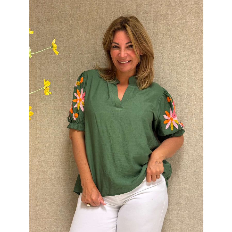Blouse Flower legergroen dames bloemenprint casual overhemd