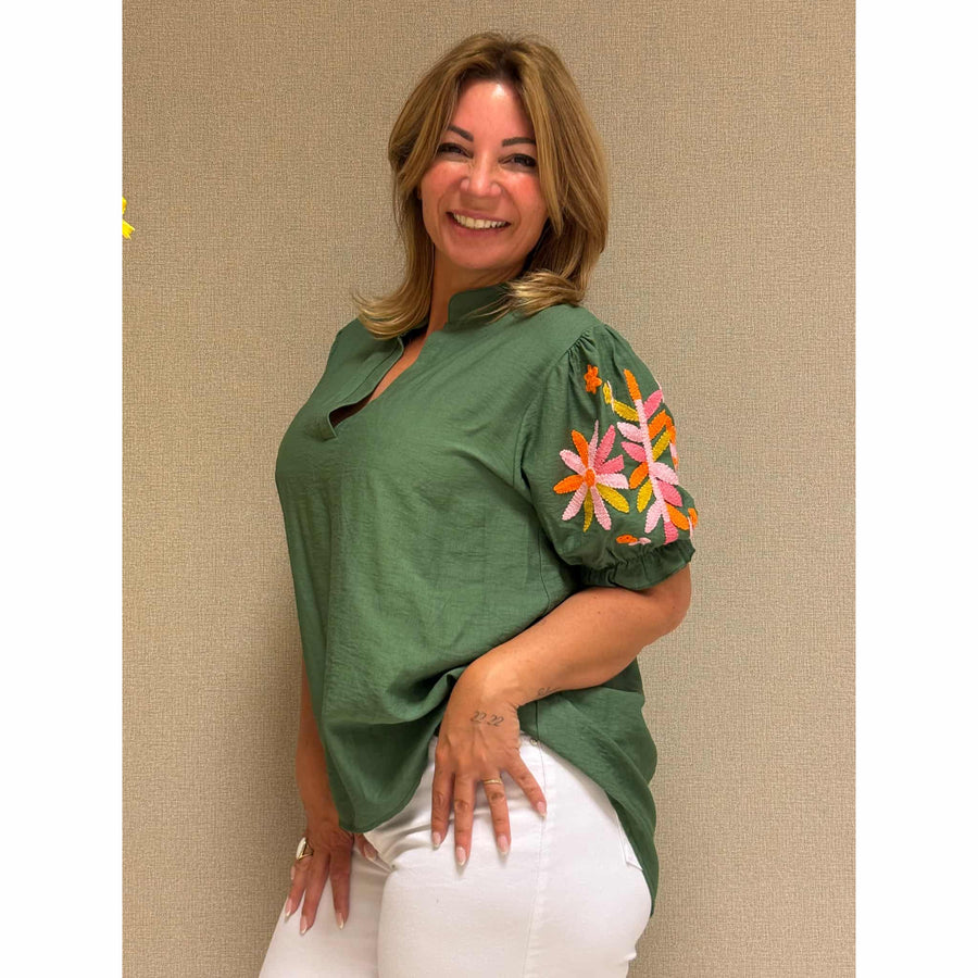 Blouse Flower legergroen dames bloemenprint casual overhemd