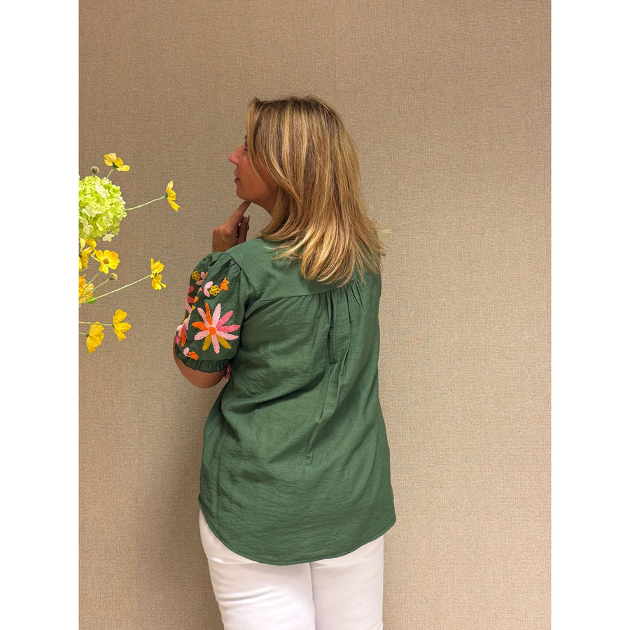 Blouse Flower legergroen dames bloemenprint casual overhemd