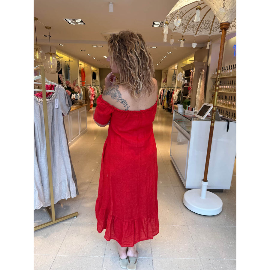 Rode off-shoulder linnen jurk voor dames