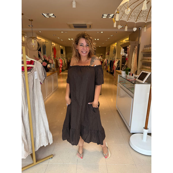 Jurk Offshoulder Linnen Bruin