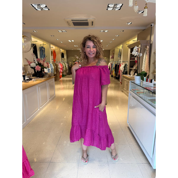 Jurk Offshoulder Linnen Magenta
