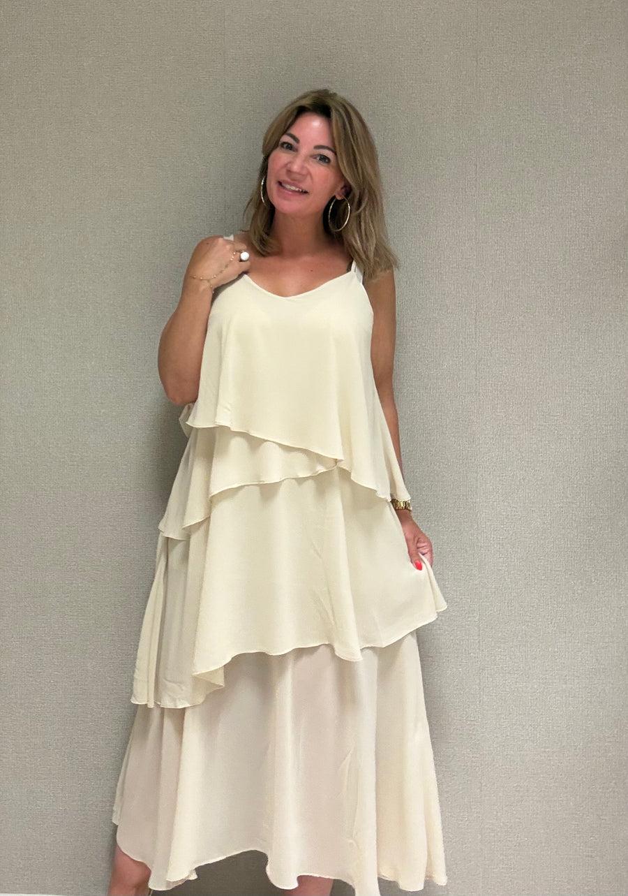 Maxi jurk volants beige