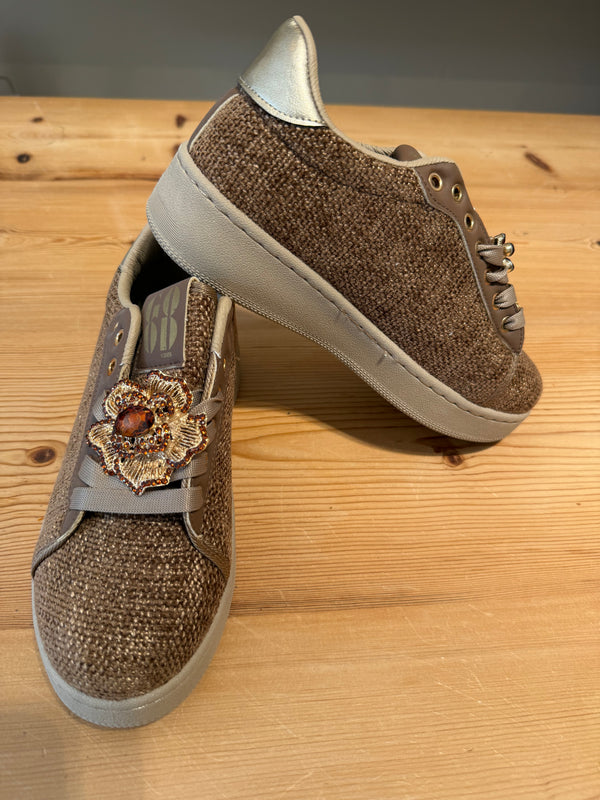 Sneaker taupe strass bloem