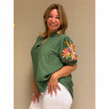 Blouse Flower legergroen dames bloemenprint casual overhemd