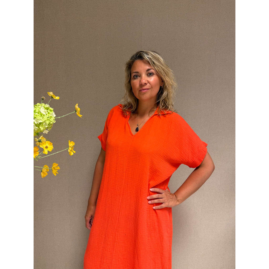 Jurk crêpe donker oranje elegante damesjurk stijlvol model