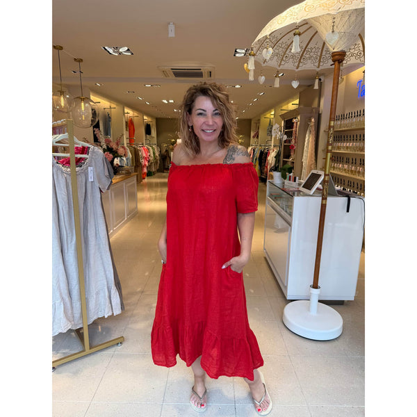 Jurk Offshoulder Linnen Rood