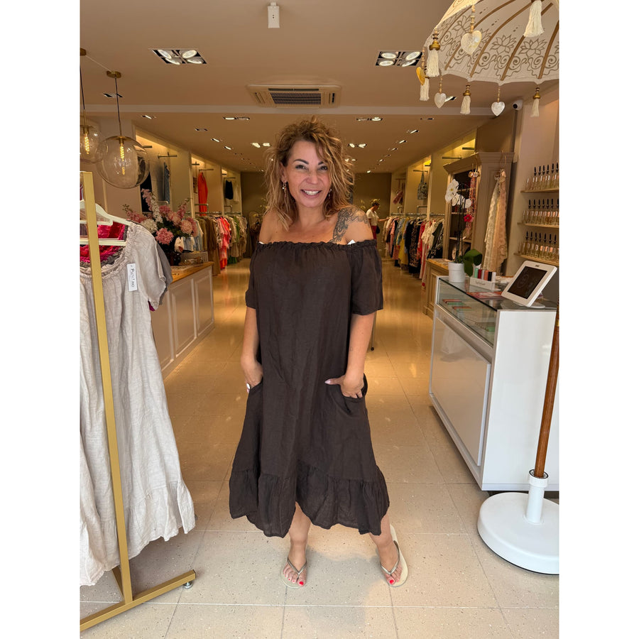 Bruine linnen off-shoulder jurk voor dames