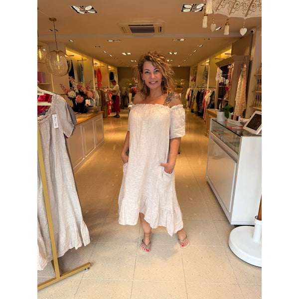 Jurk Offshoulder Linnen Zand