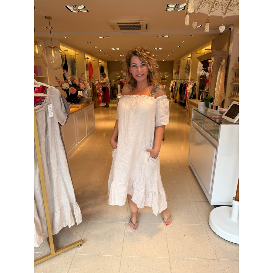 Offshoulder linnen jurk in zandkleur voor dames