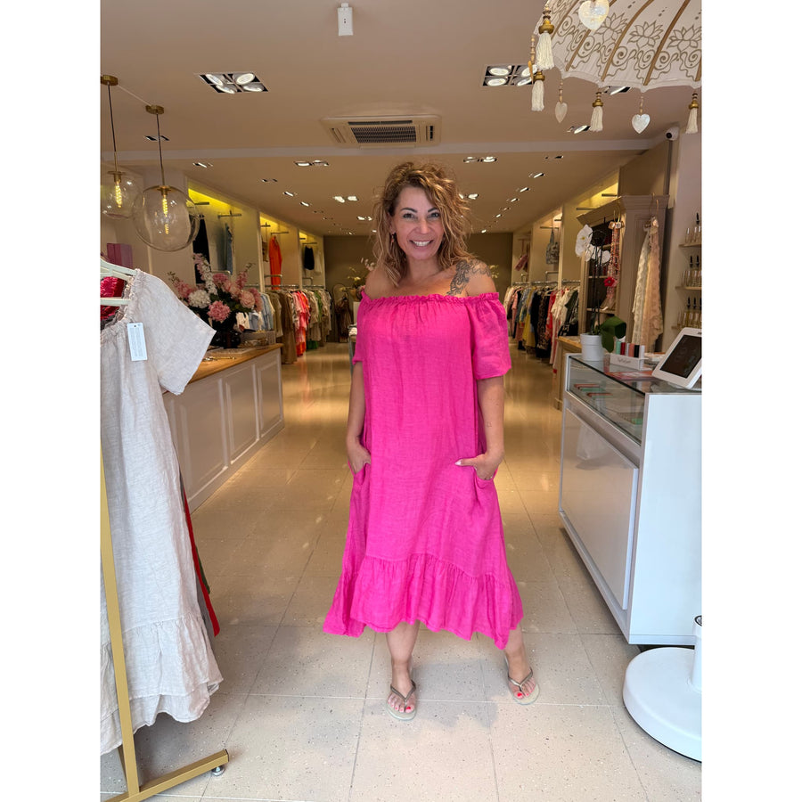 Offshoulder linnen jurk in fuchsia kleur voor dames