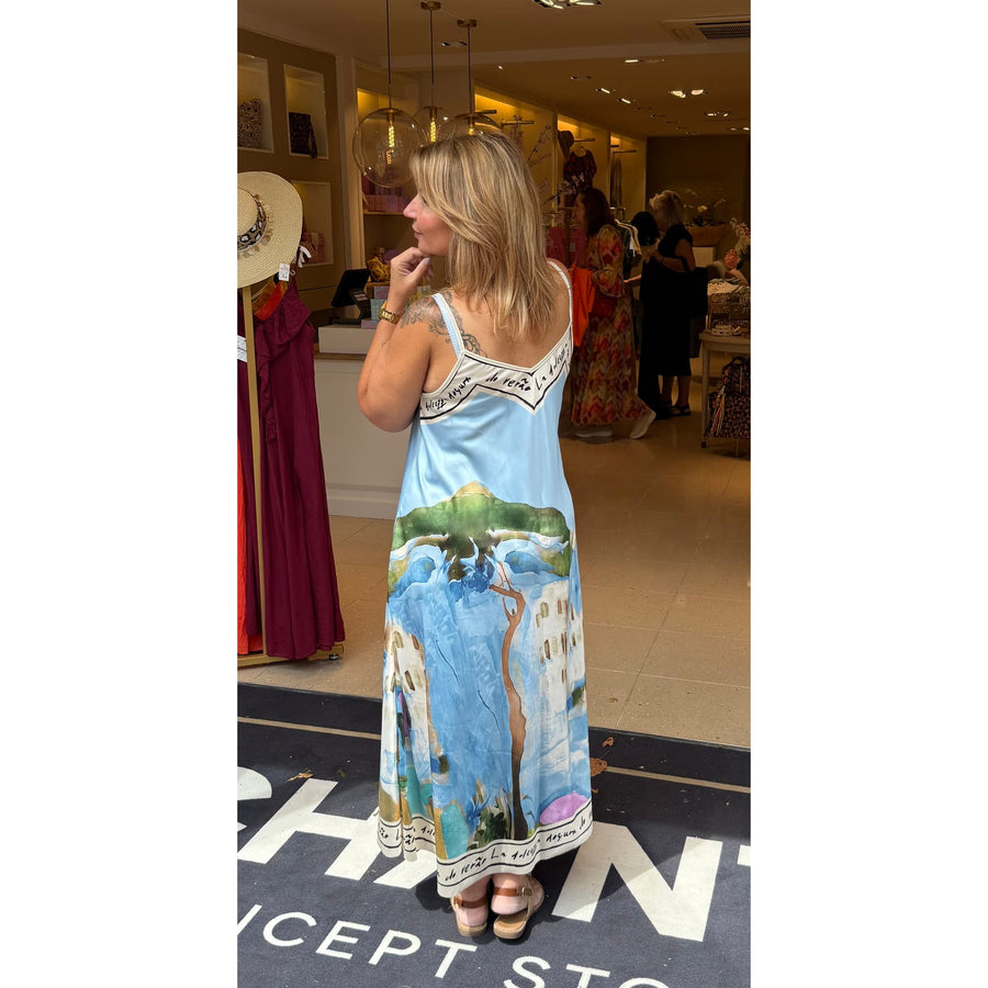 Silk Jurk Blauw - La Dolce Vita Print